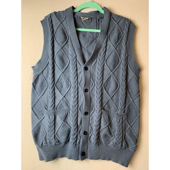 Paul Jones Sweater Vest XL Blue Chunky Button-Up Cardigan Pockets Vtg - Picture 1 of 7